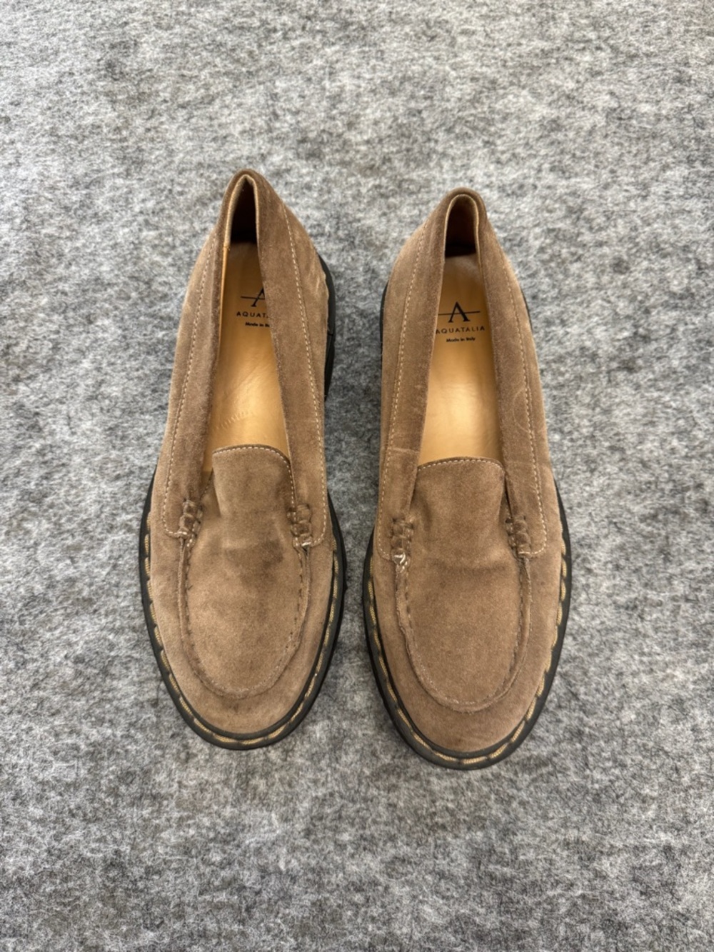 Aquatalia Chunky Retro Cool Girl Tan Suede Platform Penny Loafers